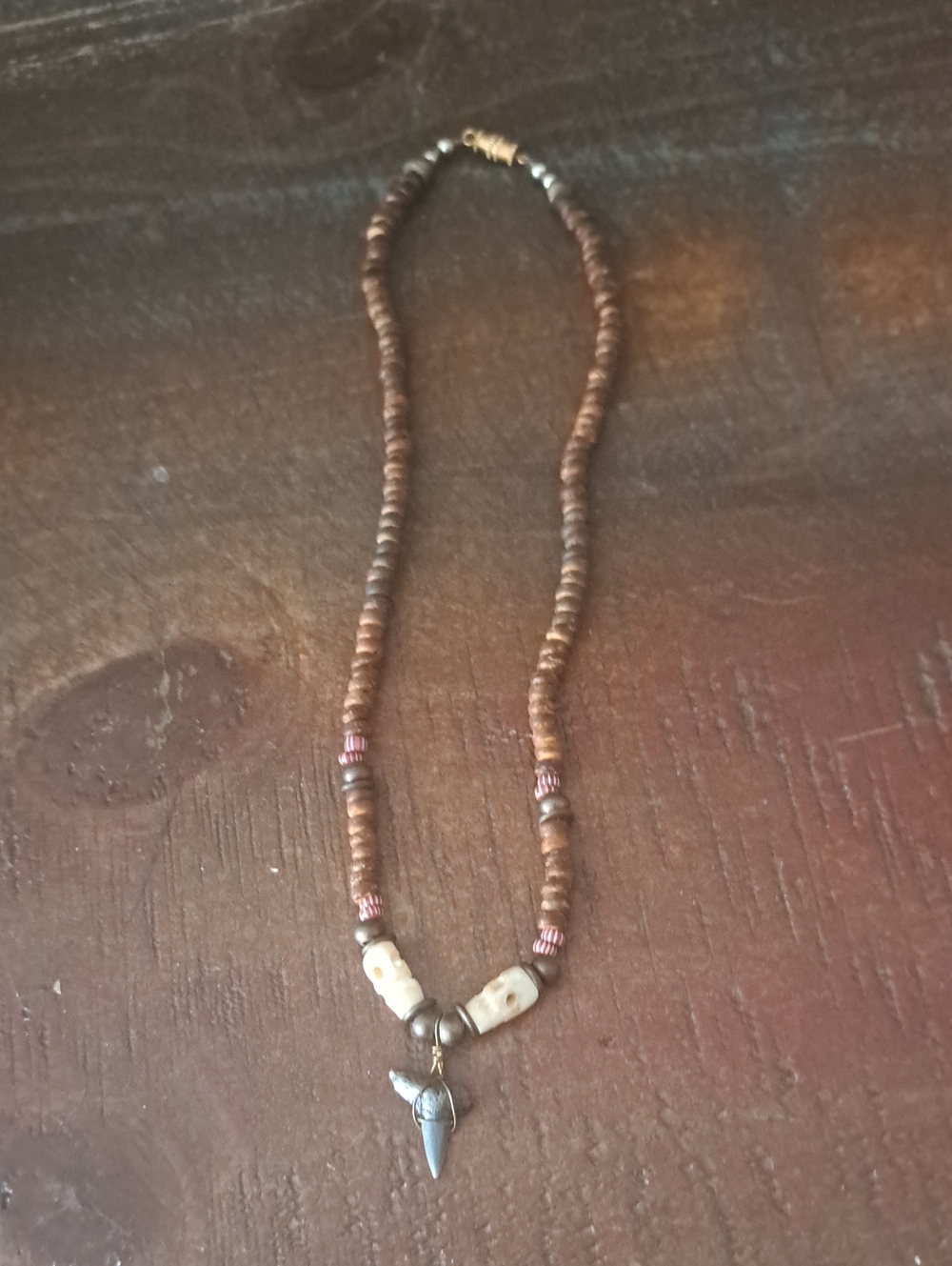 Vintage Handcrafted Brown Beaded Shark Tooth Pendant Necklace - Unbranded
